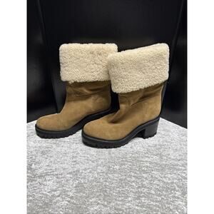 Marc Fisher Women Willoe Suede Sheepskin Collar Boots Chestnut Heeled Sz 7 NwOB